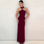 Damen elegantes langes Abendkleid mit halbem Kragen und edlen Akzenten R&B