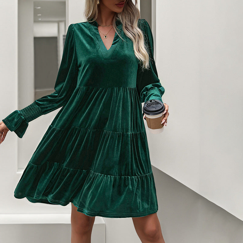 Damen V-Ausschnitt Mini-Kleid mit voluminösen Ärmeln und Rüschendesign R&B