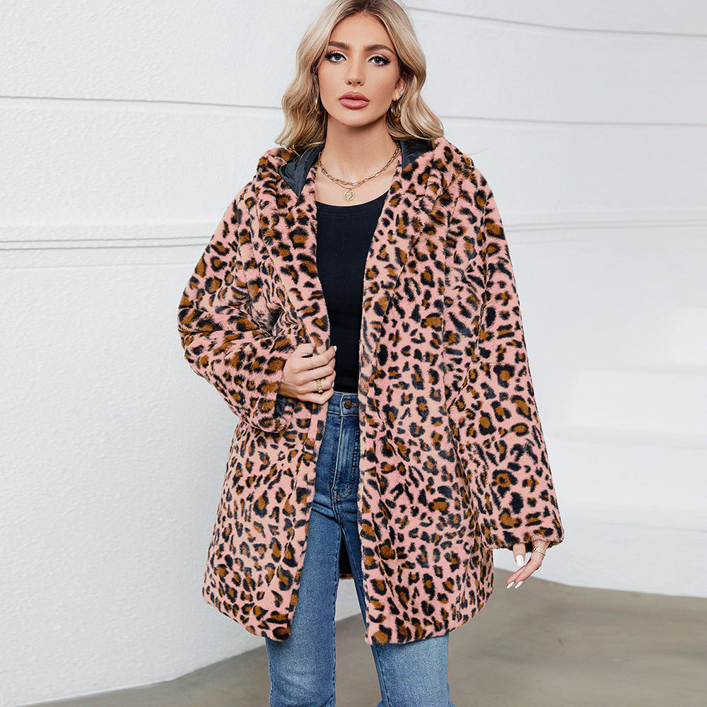 Damen Flauschige Jacke mit modernem Leopardenmuster und bequemen Taschen R&B