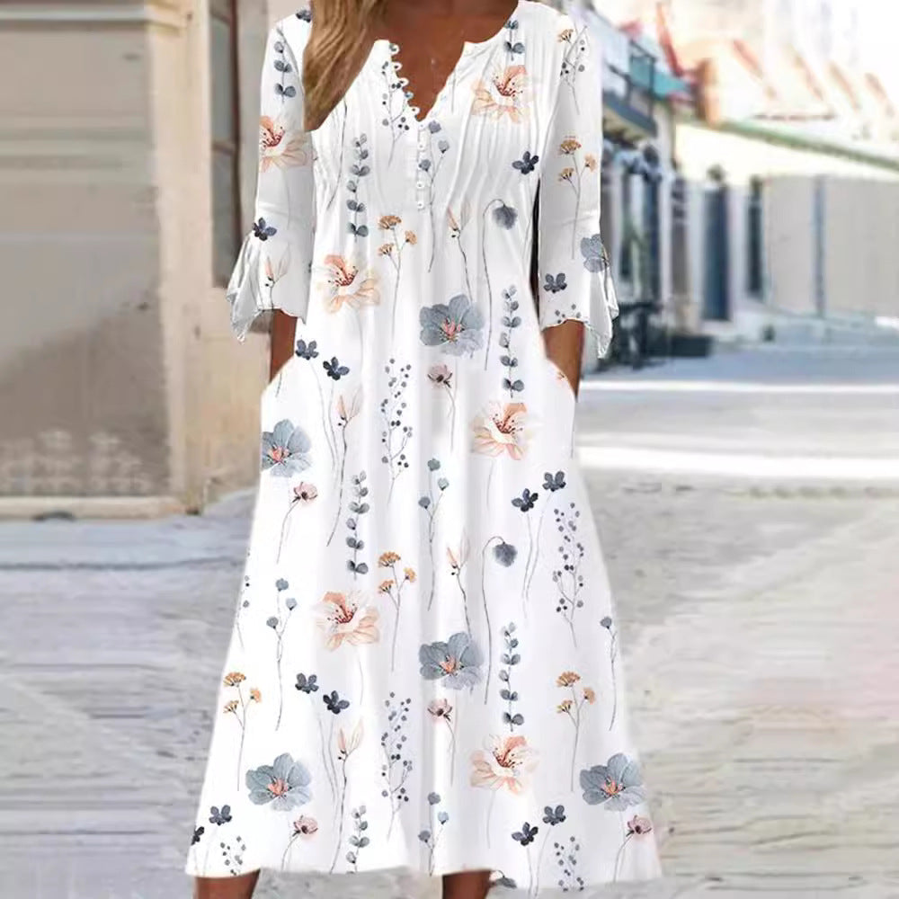 Damen nan fließendes Midikleid mit V‑Ausschnitt, Zierknopfleiste, Brustbiesen, Schleifenärmeln und Eingrifftaschen R&B