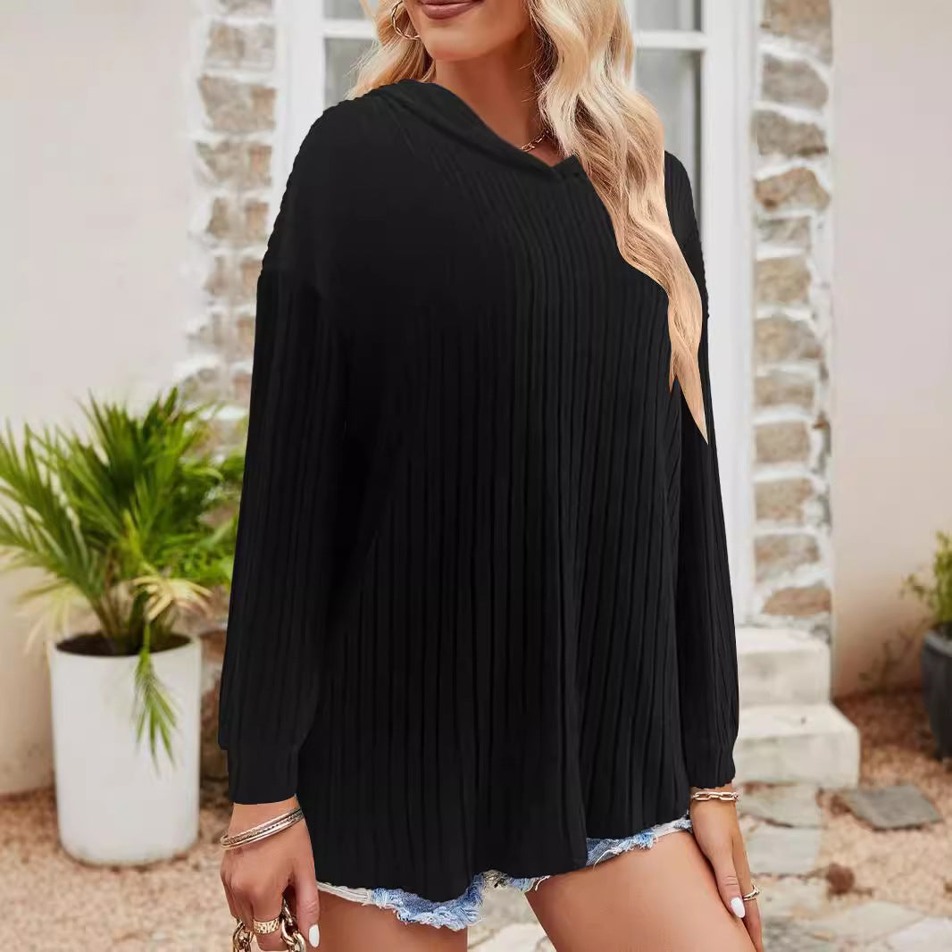 Damen lässiger Pullover mit strukturiertem Rippdesign und bequemem Kapuzenkragen R&B