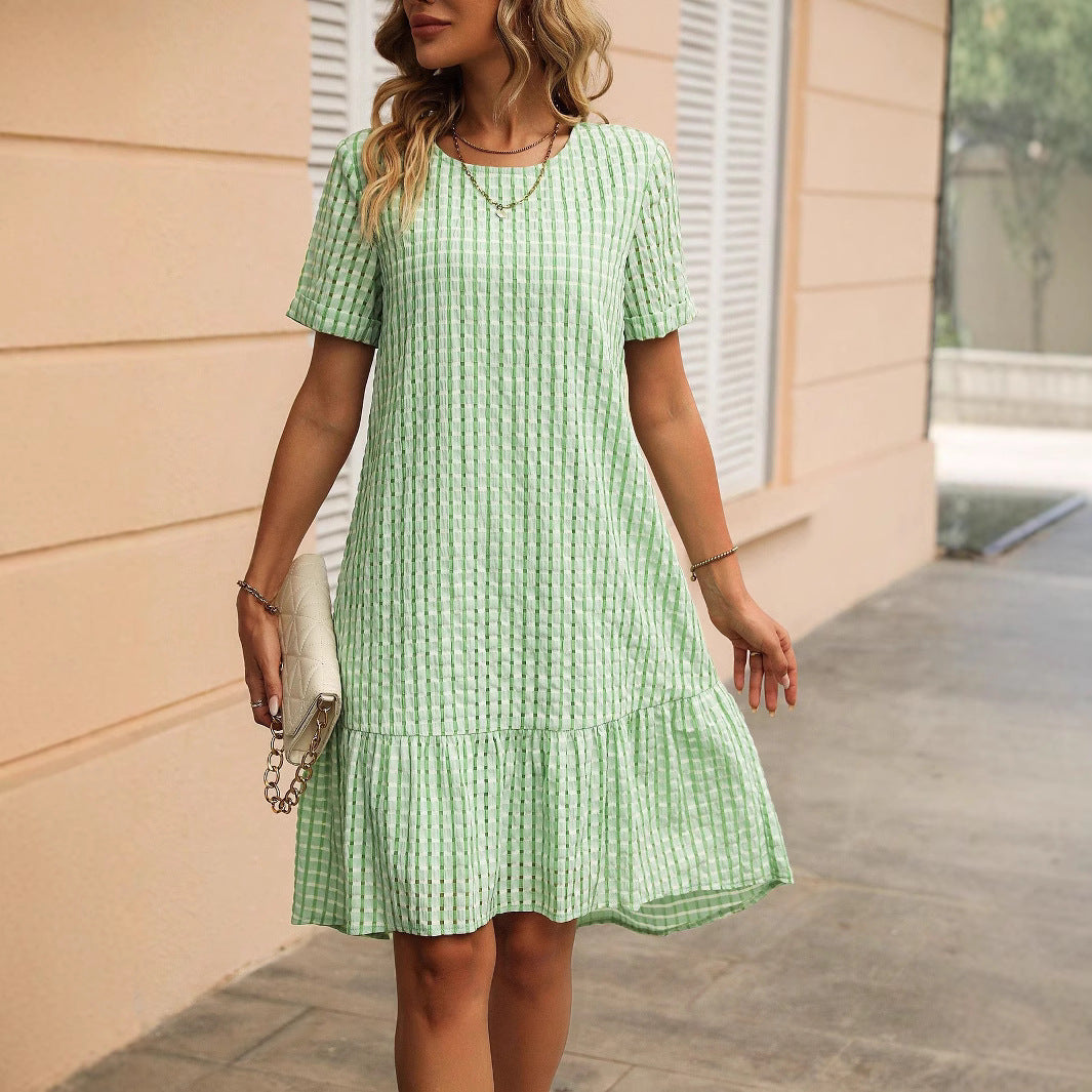 Damen lässiges Hemdkleid mit Rüschensaum und kariertem Muster