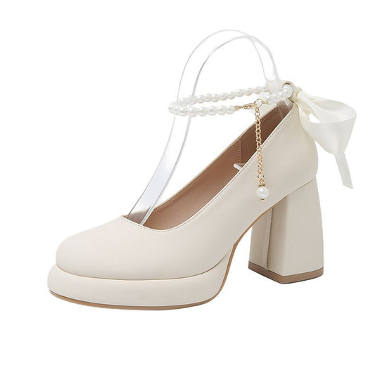 Damen elegante Blockabsatzpumps mit Perlenschmuck und transparentem Riemchen R&B