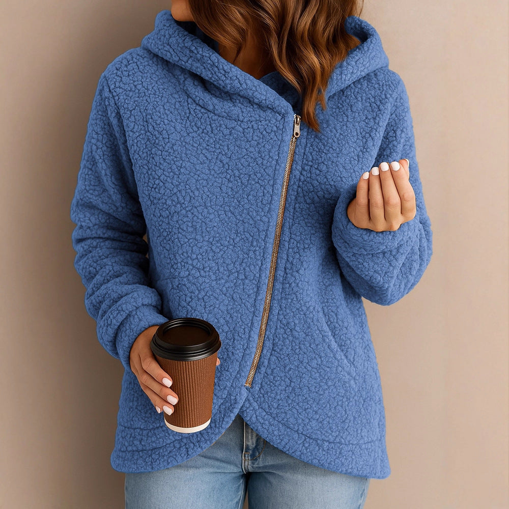 Damen Flauschige Kapuzenjacke mit asymmetrischem Reißverschluss R&B