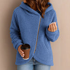 Damen Flauschige Kapuzenjacke mit asymmetrischem Reißverschluss R&B