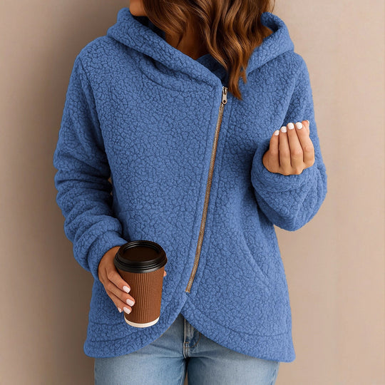 Damen Flauschige Kapuzenjacke mit asymmetrischem Reißverschluss R&B