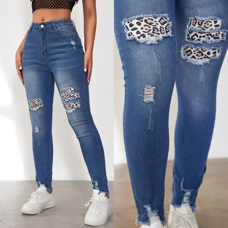 Damen Skinny Jeans mit animalischen Applikationen und Distressed-Effekten R&B