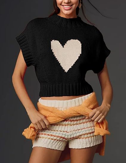 Damen lässiger Kurzarm Pullover mit Herzmotiv R&B