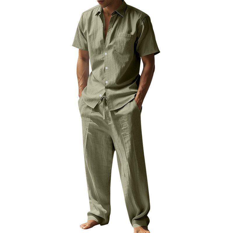 Herren nan resort-taugliches Kurzarm-Hemd mit Brusttasche und lässiger Leinen-Kordelhose R&B