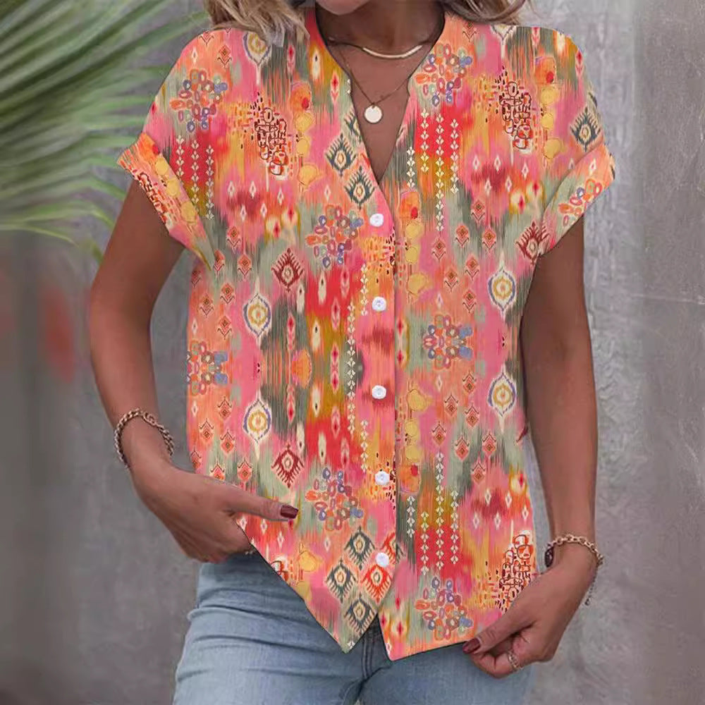 Damen Kurzarmbluse mit kunstvollem Ikat-Design R&B