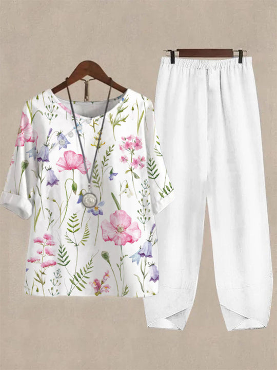 Damen Freizeit Oberteil mit floralem Muster und bequemer Hose R&B