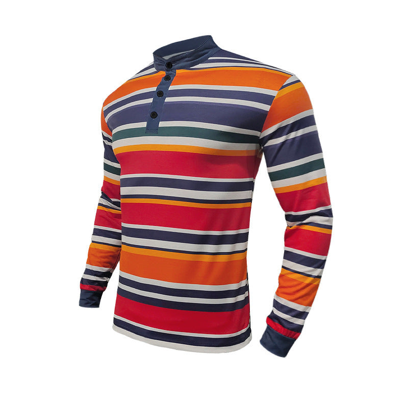 Herren nan gestreiftes Langarm-Henleyshirt mit Stehkragen, schmaler Passform und elastischem Baumwollmix R&B