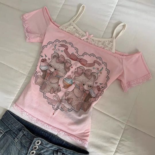 Damen Verspieltes T-Shirt mit Spitzenapplikationen und süßem Bärenmotiv R&B