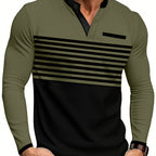 Herren nan modernes Langarm-Polo mit Henley-Blende gestreifter Brustpartie und Stehkragen R&B