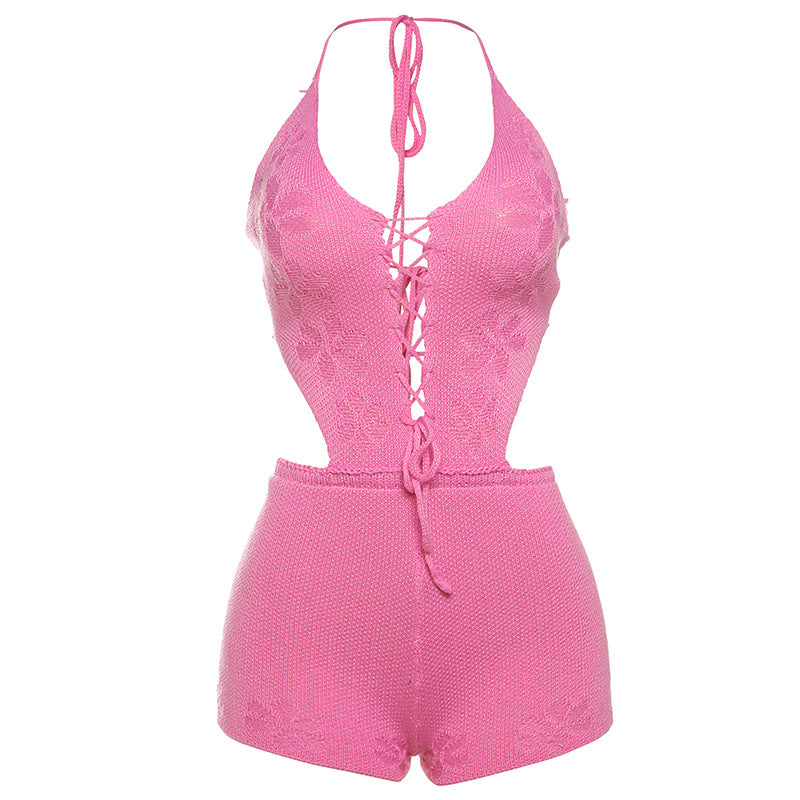 Damen Strickbadeanzug mit tiefem V-Ausschnitt und elegantem Lace-Up Design R&B