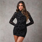 Damen nan figurbetontes Mesh-Minikleid mit floraler Samtflock-Verzierung, hohem Stehkragen und seitlicher Raffung R&B