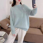 Damen Grobstrickpullover mit modernem Stehkragen und Knopfdetails R&B