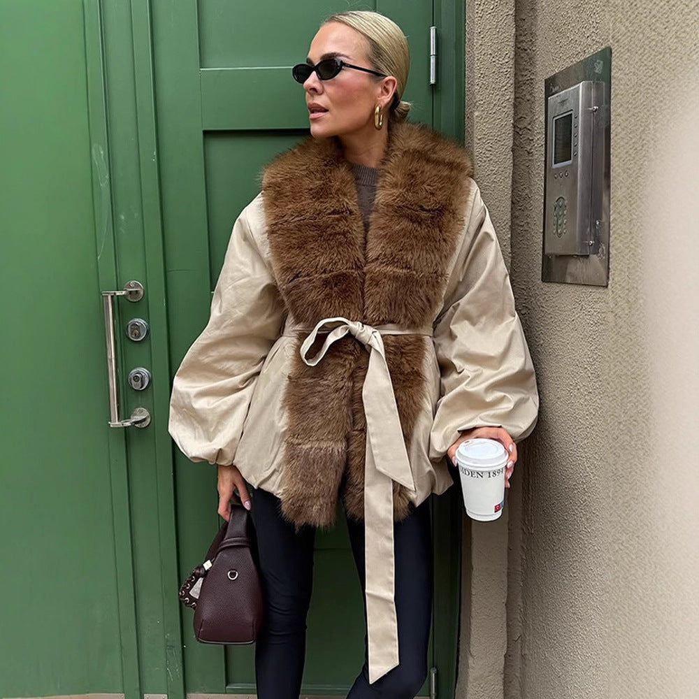 Damen modische Übergangsjacke mit voluminösen Ärmeln und luxuriösem Kunstpelzkragen R&B