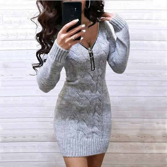 Damen Strickkleid mit modernem Reißverschlussdesign und strukturiertem Muster R&B