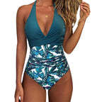 Damen Schwimmanzug mit femininer Raffung und modischem Blattmuster R&B