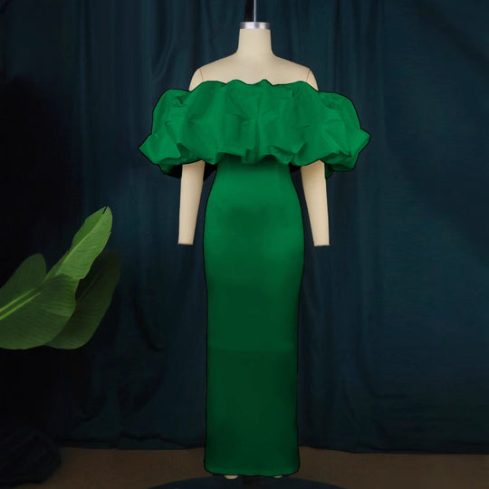 Damen Elegantes Off-Shoulder Maxikleid mit voluminösen Rüschensäumen R&B