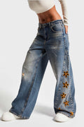 Damen Weite Jeans mit floraler Stickerei