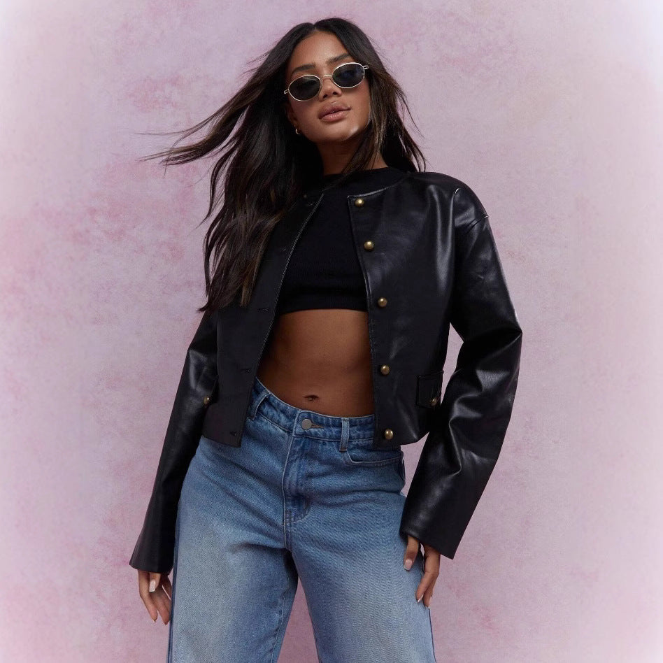 Damen Kunstlederjacke mit glänzendem Finish und dekorativen Knöpfen R&B