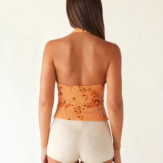 Damen Haltertops mit floralem Design und schimmernden Applikationen R&B