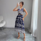 Damen Maxikleid mit elegantem V-Ausschnitt und grafischem Muster R&B