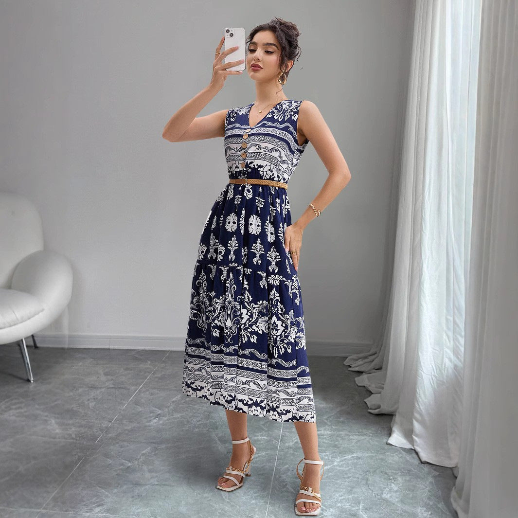 Damen Maxikleid mit elegantem V-Ausschnitt und grafischem Muster R&B