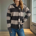 Damen lässiger Strickpullover mit modernem Streifenmuster und dekorativem Schal R&B