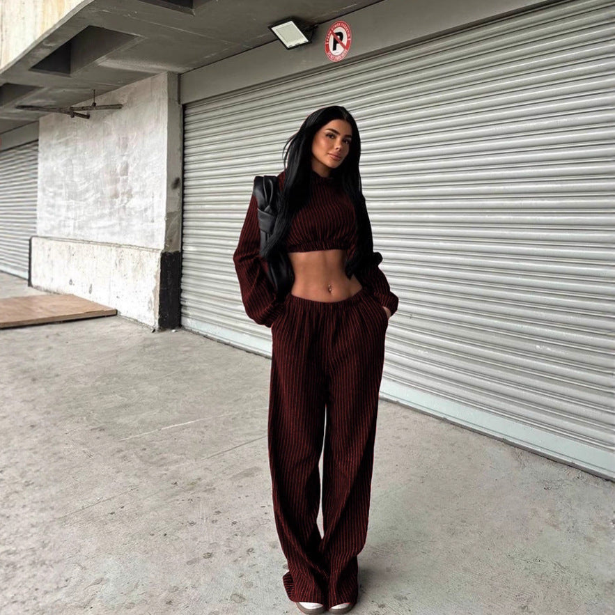 Damen modisches Streifen-Set mit cropped Oberteil und weit geschnittenen Hosen R&B