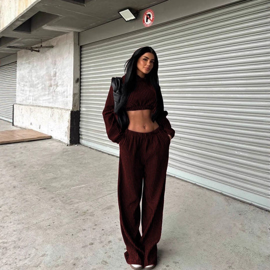 Damen modisches Streifen-Set mit cropped Oberteil und weit geschnittenen Hosen R&B