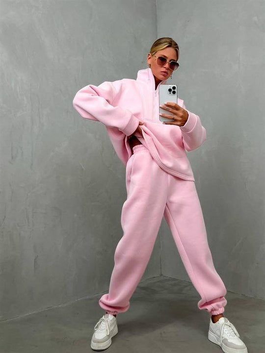 Damen lässiges Fleece-Set mit halbem Reißverschluss und weitem Schnitt R&B