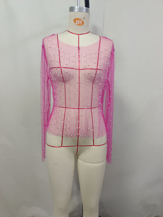 Damen glitzerndes Langarm-Top mit Strassverzierungen R&B