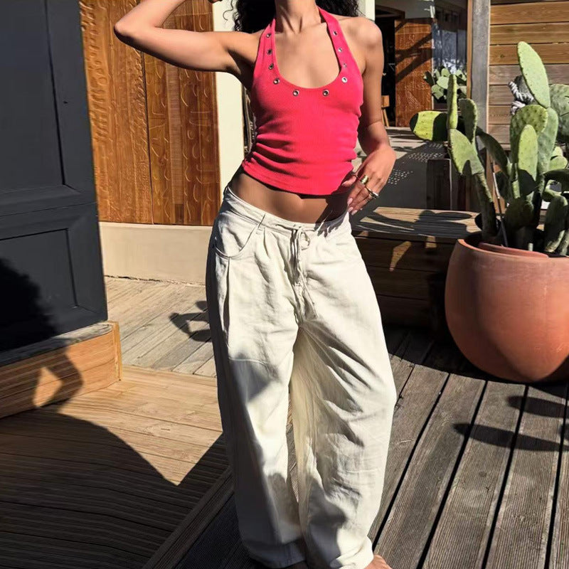 Damen sportliches Top mit modischen Details und tiefem Ausschnitt R&B