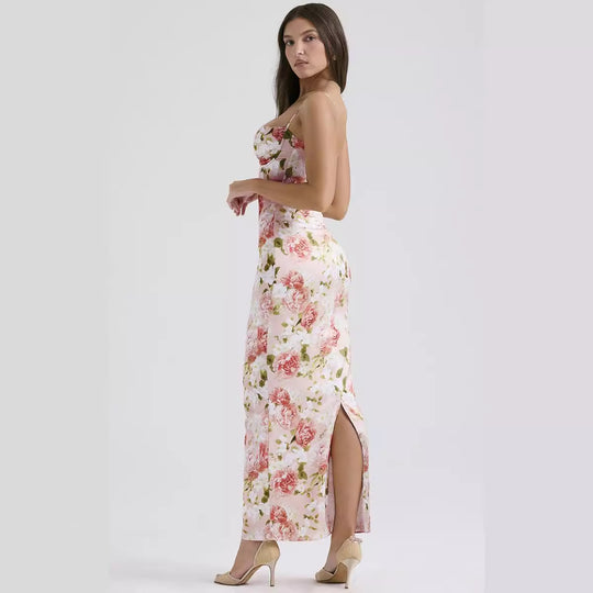 Damen Körperbetontes Maxikleid mit floralen Akzenten und verstellbaren Spaghettiträgern R&B