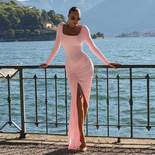 Damen figurbetontes Langarmkleid mit asymmetrischem Schlitz und Drapierungen R&B