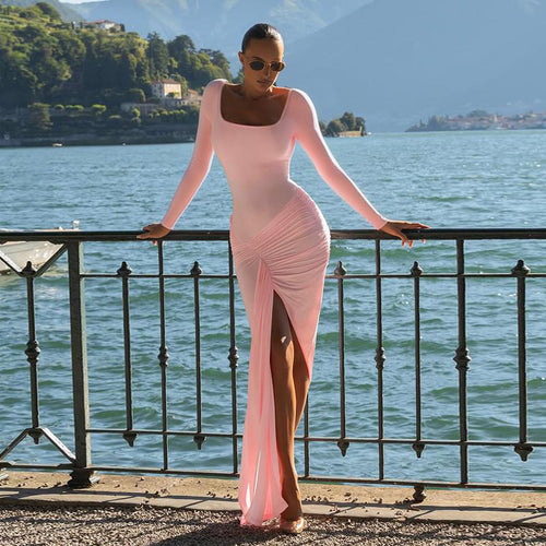 Damen figurbetontes Langarmkleid mit asymmetrischem Schlitz und Drapierungen R&B