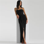 Damen Elegantes Maxikleid mit raffinierten Rüschendetails und Spaghettiträgern R&B