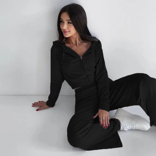 Damen sportliches Fleece Lounge-Set mit kurzem Schnitt und elastischem Bund R&B