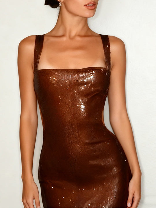 Damen Lange Pailletten-Robekleid mit schicker Silhouette und tiefem Ausschnitt R&B