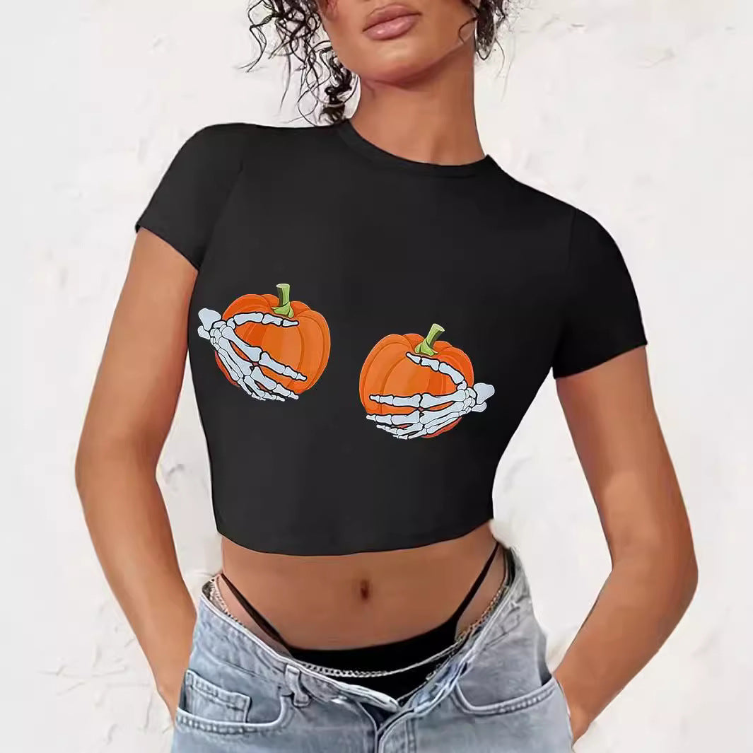 Damen Crop-T-Shirt mit kreativem Comic-Motiv R&B