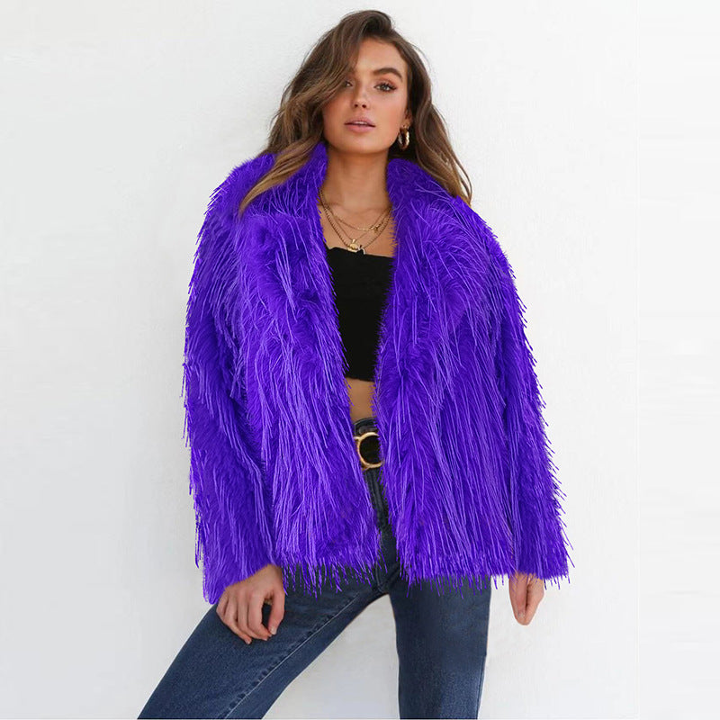 Damen Eleganter Kunstfellblazer mit breitem Kragen R&B