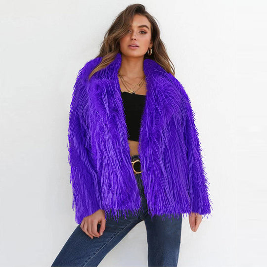 Damen Eleganter Kunstfellblazer mit breitem Kragen R&B