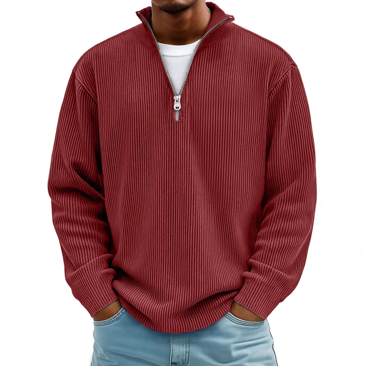 Herren nan gerippter Strickpullover mit halbem Reißverschluss und Stehkragen R&B