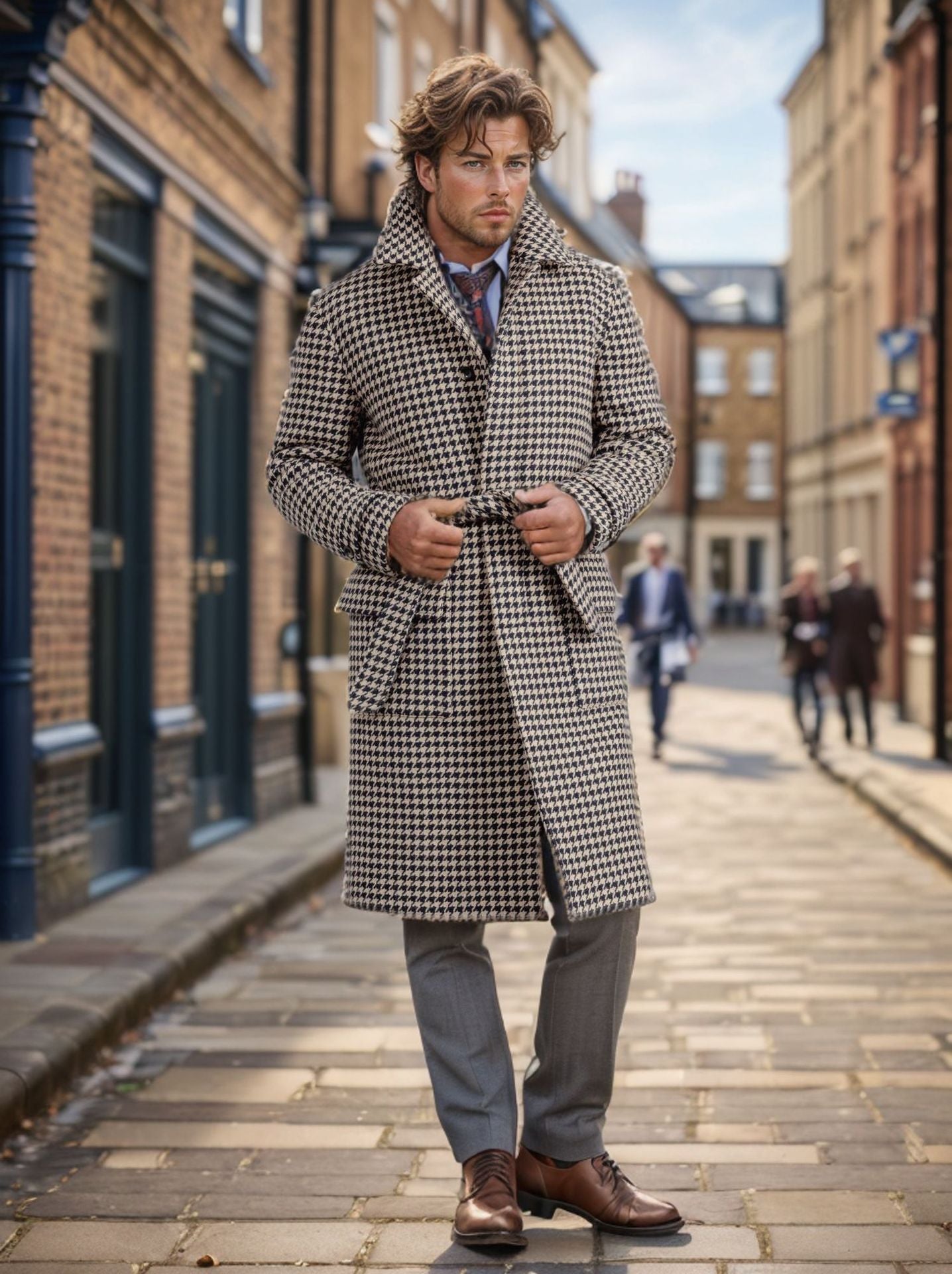 Herren eleganter Langmantel im Hahnentrittmuster R&B