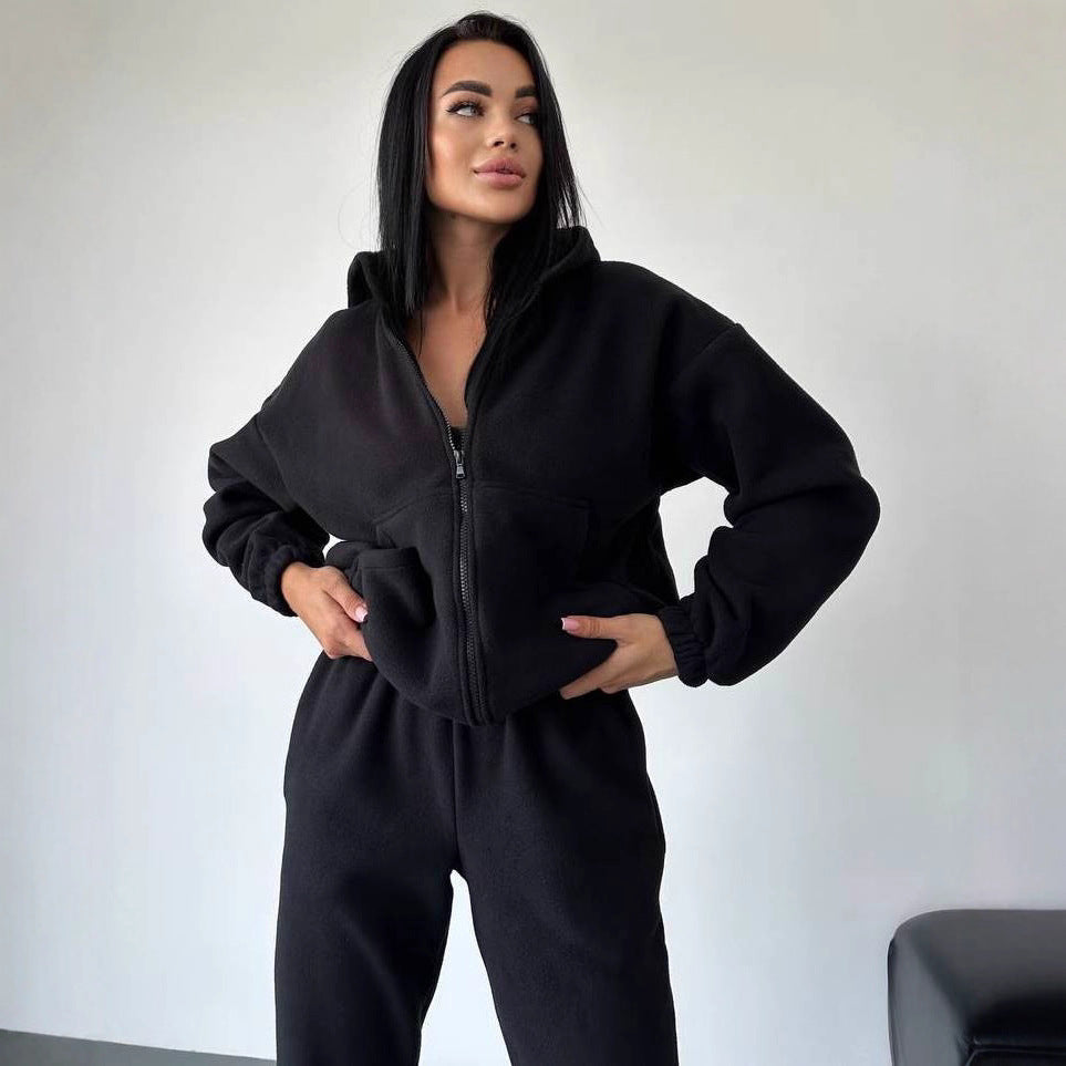 Damen sportliches Fleece-Set mit hohem Kragen und seitlichen Taschen R&B