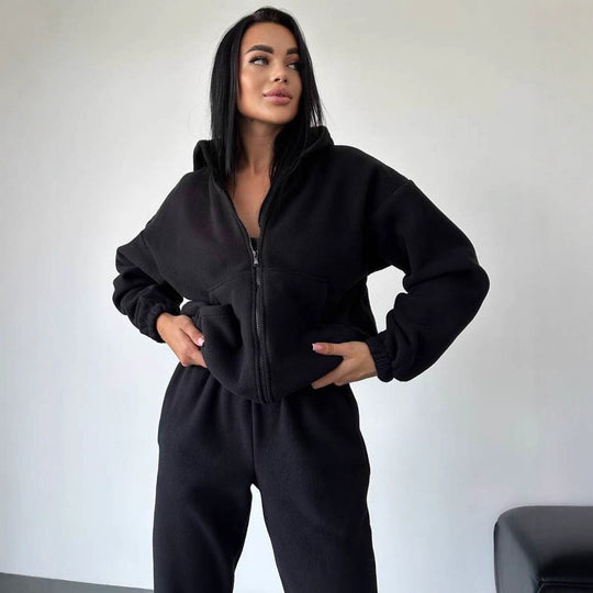 Damen sportliches Fleece-Set mit hohem Kragen und seitlichen Taschen R&B