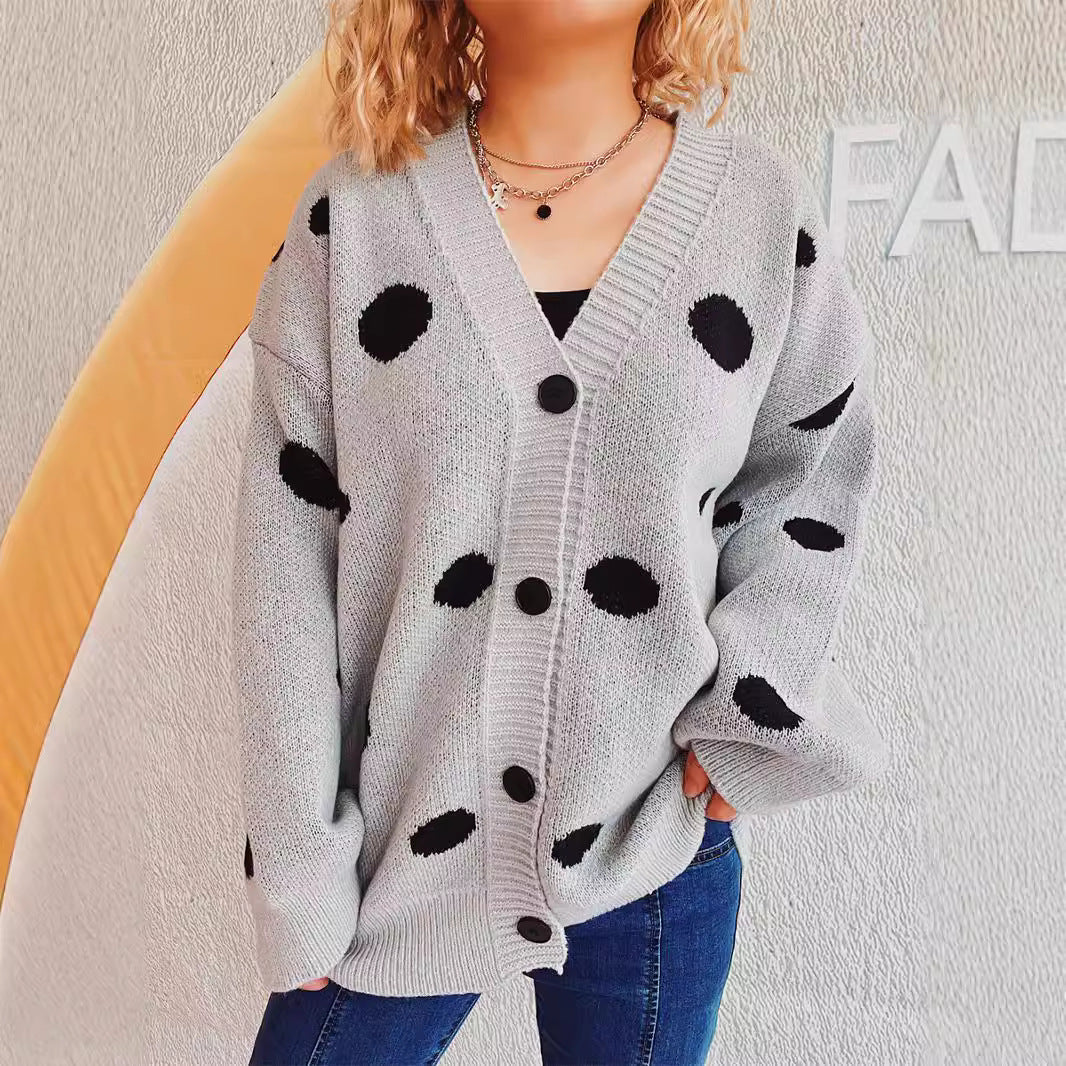 Damen lässige Strickjacke mit modernen Punkten und voluminösen Ärmeln R&B